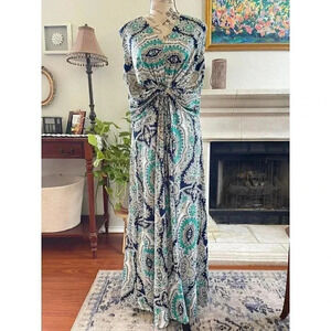 Soft‎ Surroundings Women's Maxi Dress Size PL Blue Paisley Tropical Mint